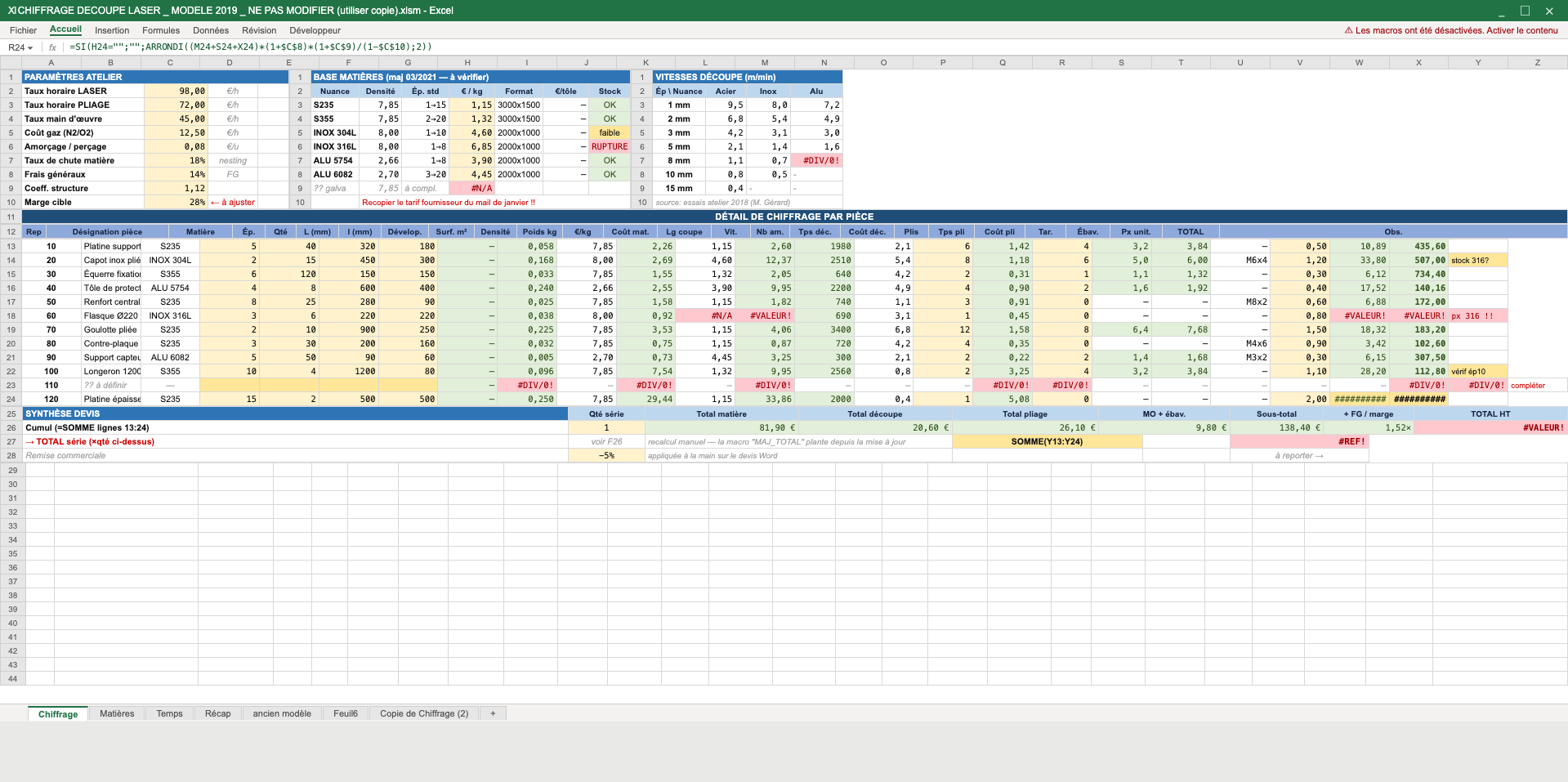 Ancien process : lecture manuelle des fichiers de plan et calcul sur tableur Excel
